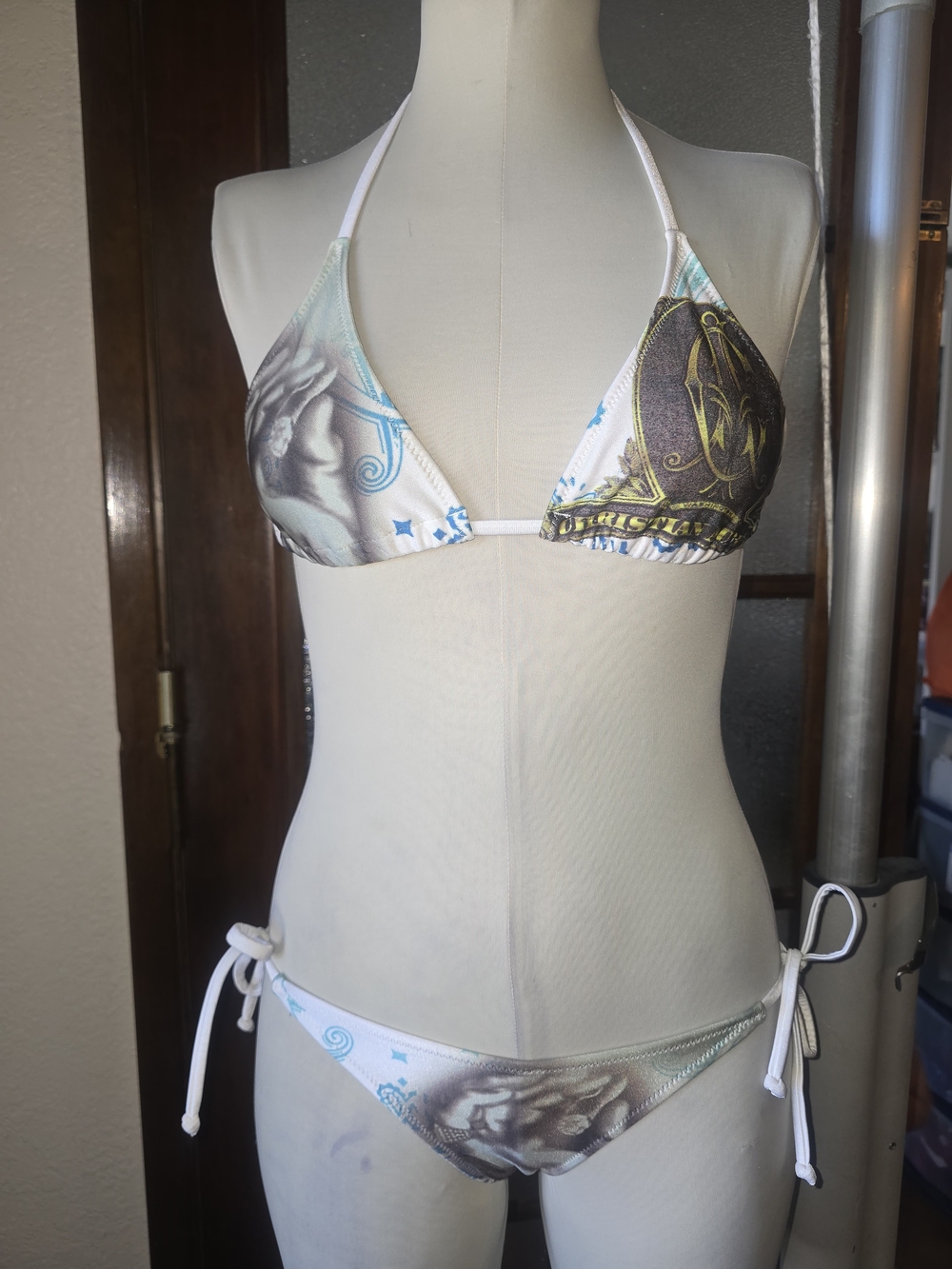 Christian Audigier White Triangle Bikini with Blue and Gray Graphics